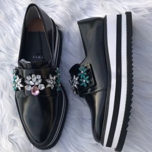 Zara Jewel Strap Detail Stripe Platform Loafers